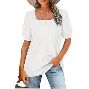 Adreamly Womens Summer Top Square Neck Puff Sleeve T Shirts Loose Fit Shirts 2XL